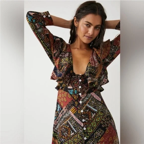 NWT Free People Lennon Patchwork Printed Ruffle Collar Boho Maxi Dress Size XL